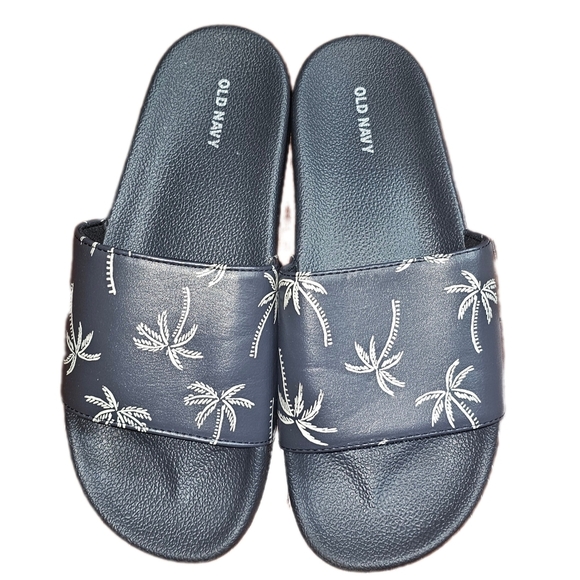 Old Navy Palm Tree Print Slides Men Size 8-9 Slip On Sandals - Midnight Blue - Picture 2 of 2